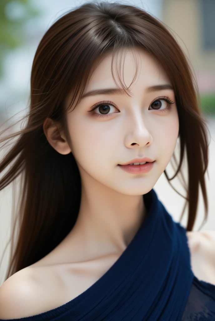 
a cute asian woman,28yo,((face focused)),Detailed details,、high resolution、high quality、Perfect dynamic composition、Beautiful detailed eyes、Natural Color Lip、1 persons、Transparent skin、Glowing hair、smiling,masterpiece、Best Quality、finely detail、high resolution、8K、The correct state of the human body、She wears a navy blue long knit dress、randome pose、Gravure Model Pose、Hair soaring in the wind
