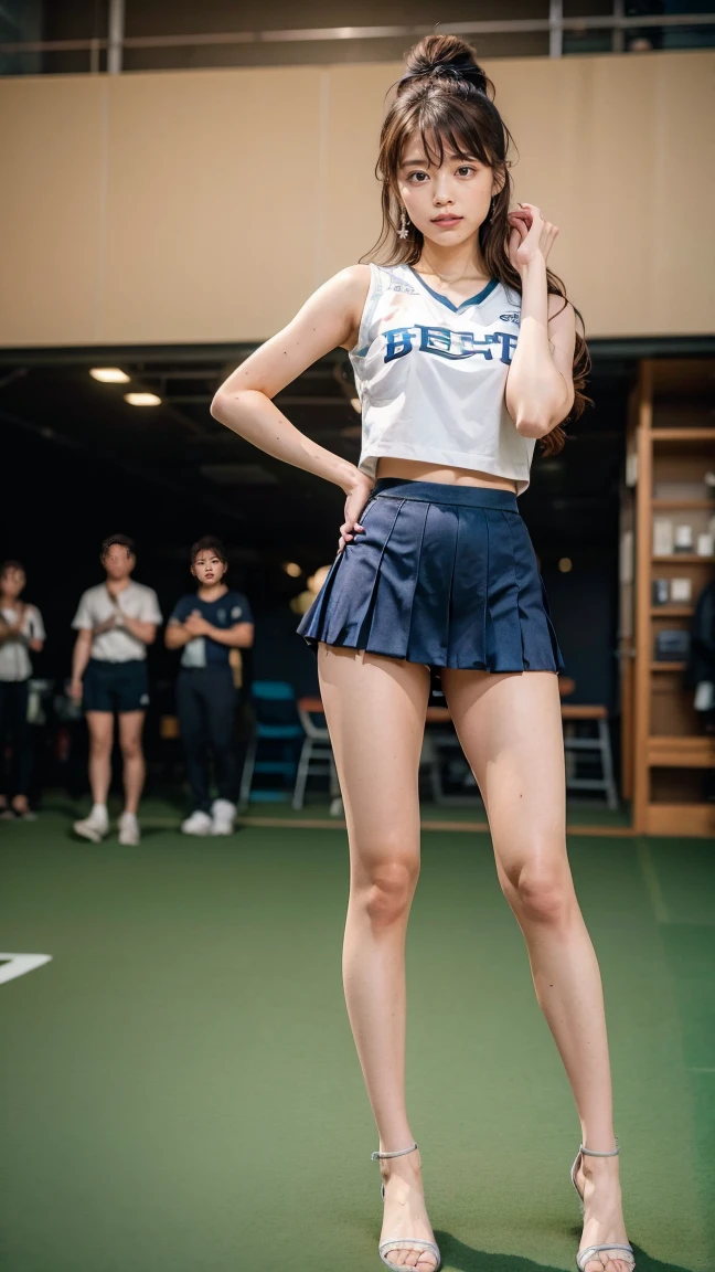 A beautiful young Japanese woman, 20 years old, with perfect anatomy, healthy thighs, beautiful feet, flawless skin, random hair color and style, large bust, (she is standing:1.2), wearing a cheerleader uniform with micro-pleated miniskirt, in a full body shot, standing in a stadium, (best quality,4k,8k, highres, masterpiece:1.3), (extremely detailed:1.2), Kasumi Arimura