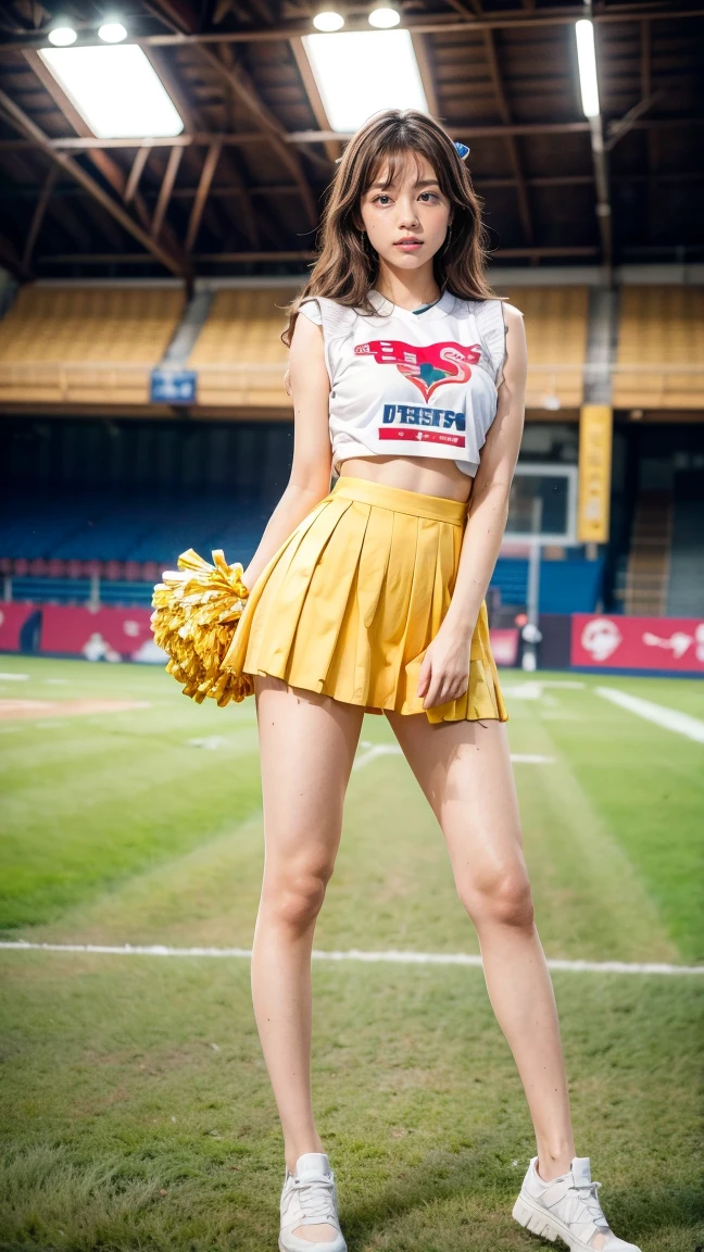 A beautiful young Japanese woman, 20 years old, with perfect anatomy, healthy thighs, beautiful feet, flawless skin, random hair color and style, large bust, (she is standing:1.2), wearing a cheerleader uniform with micro-pleated miniskirt, in a full body shot, standing in a stadium, (best quality,4k,8k, highres, masterpiece:1.3), (extremely detailed:1.2), Kasumi Arimura