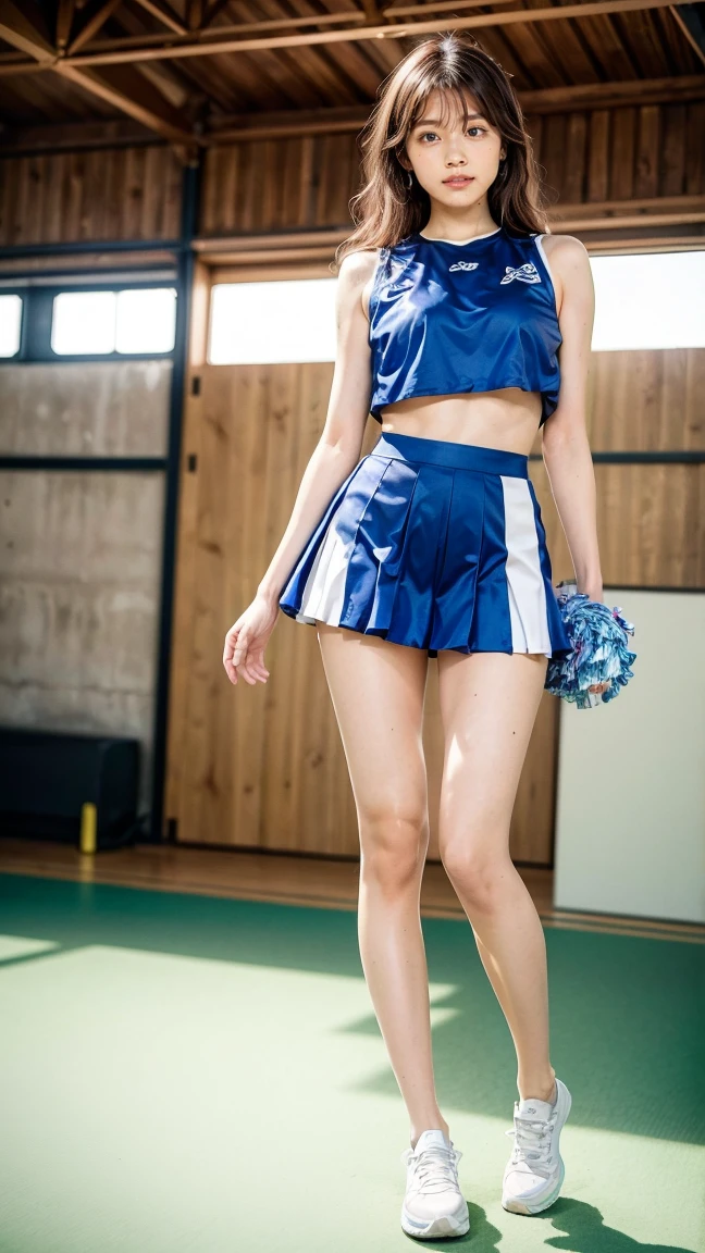 A beautiful young Japanese woman, 20 years old, with perfect anatomy, healthy thighs, beautiful feet, flawless skin, random hair color and style, large bust, (she is standing:1.2), wearing a cheerleader uniform with micro-pleated miniskirt, in a full body shot, standing in a stadium, (best quality,4k,8k, highres, masterpiece:1.3), (extremely detailed:1.2), Kasumi Arimura