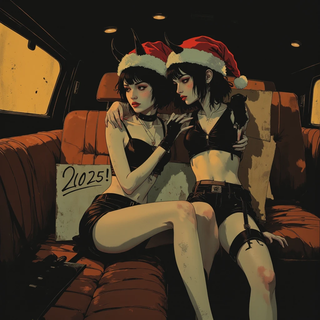 A cinematic ultra realitic photo of Two cute goth in dark gothic sitting in a brown red sofa, ((Skinny anorexic bodys)), slim arms, narrow hips, extremely long anorexic legs. Hairstyles: short dark hair . Santa hats has devil black horns on there heads. Squished together in the limousine, arms around the shoulder of her white girlfriend . ((the girl on the left is holding i paper sign with the text "2025!")), 