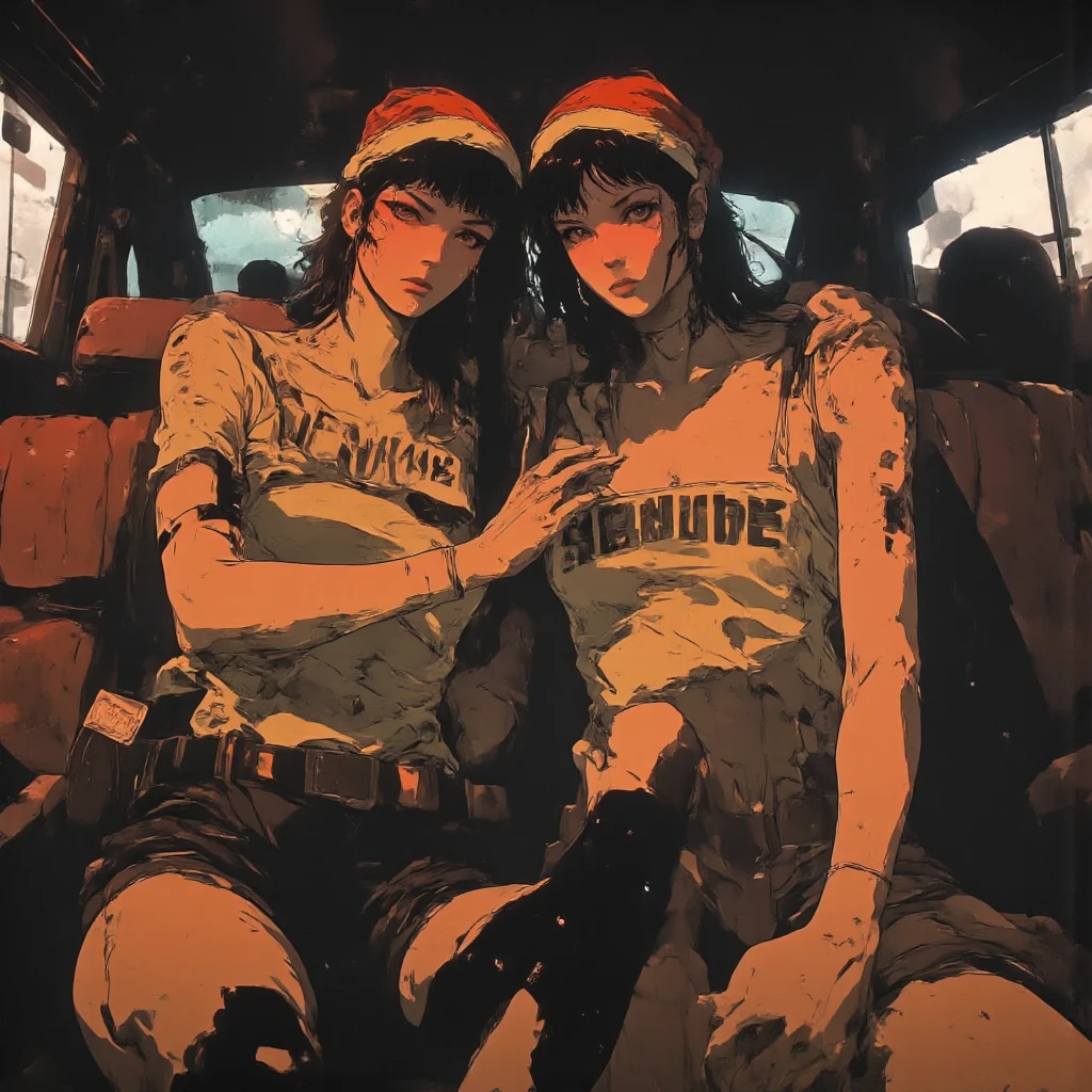 A cinematic ultra realitic photo of Two cute goth in dark gothic sitting in a brown red sofa, ((Skinny anorexic bodys)), slim arms, narrow hips, extremely long anorexic legs. Hairstyles: short dark hair . Santa hats has devil black horns on there heads. Squished together in the limousine, arms around the shoulder of her white girlfriend . ((the girl on the left is holding i paper sign with the text "2025!")), 