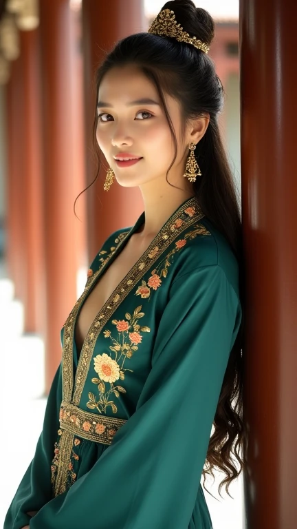 full body,full shot,sfw,Russian goddess princess girl in the form of a geisha with large bright blue eyes and long fluffy eyelashes of the Nordic type with a perfect graceful figure and very long and fluffy wavy hair of bright wheaten color stands in full growth on the alley against the backdrop of blooming Japanese pink sakura in a Japanese kimono in bright dark blue and Japanese gane shoes in bright dark blue, the girl's arms and legs have better human anatomy, on her hands there are five fingers on the hand 4 of them are long 1 large, Girl's lace kimono with intricate patterns with revealing cutouts ultra-short frankly sexy, Small breasts with protrusion are visible through the fabric, in the girl's ears are beautiful long openwork earrings with precious sapphires that shimmer and sparkle in the light, The ground on which the girl stands is generously strewn with pink cherry petals, the scene is highly artistic, high resolution, hard focus, Migjorni-V5 art style, hyper photorealism, perfect proportions, golden ratio photography, lens flares, outlines, sunlight, soft glow, soft focus, monocle style soft focus