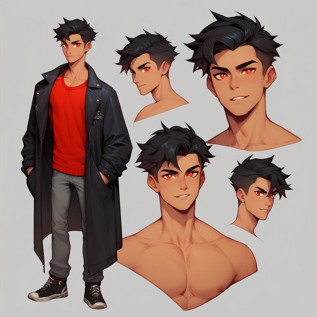 Human Male Innocent , Black hair  , Red Sweater , Black Coat  ,Adolescent , red pupils  , simple background,character sheet , 