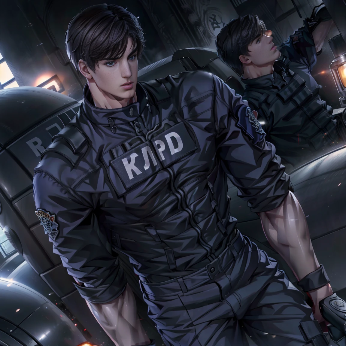 (High resolution CG), ( top quality ), (High resolution CG), ( top quality ), Backstreets,. Kennedy, SWAT Clothing,         beautiful and charming young man,     muscular and tight   ,