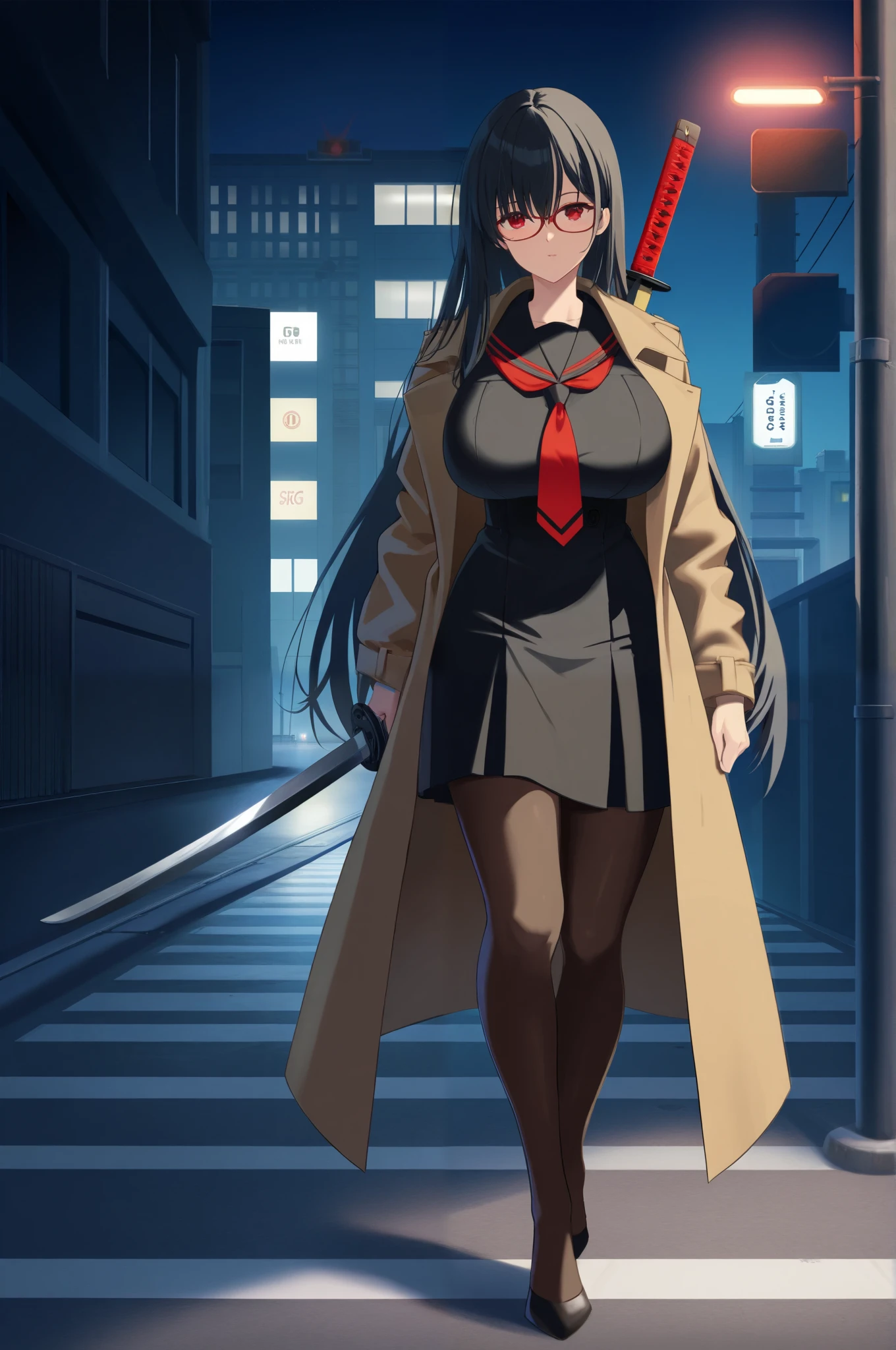  1 high school girl,  black hair,  long hair,  Red Glasses,  red eyes, ,  black sailor suit ,  Trench Coat ,  Japanese sword on his back, Urban Department,  streetlight, Late Night,  snows,  Walking on the left side of the screen , Full body portrait,