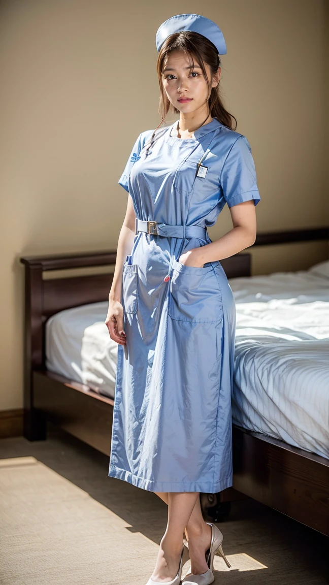 a beautiful young 24-year-old Japanese woman, beautiful, detailed anatomy, beautiful skin, random hair color and hairstyle, big breasts, nurse hat, (nurse uniform:1.3), nurse cap, (she is standing:1.2), full body shot, high heels, hospital, (best quality,8k, masterpiece:1.3), (extremely detailed:1.2), Kasumi Arimura