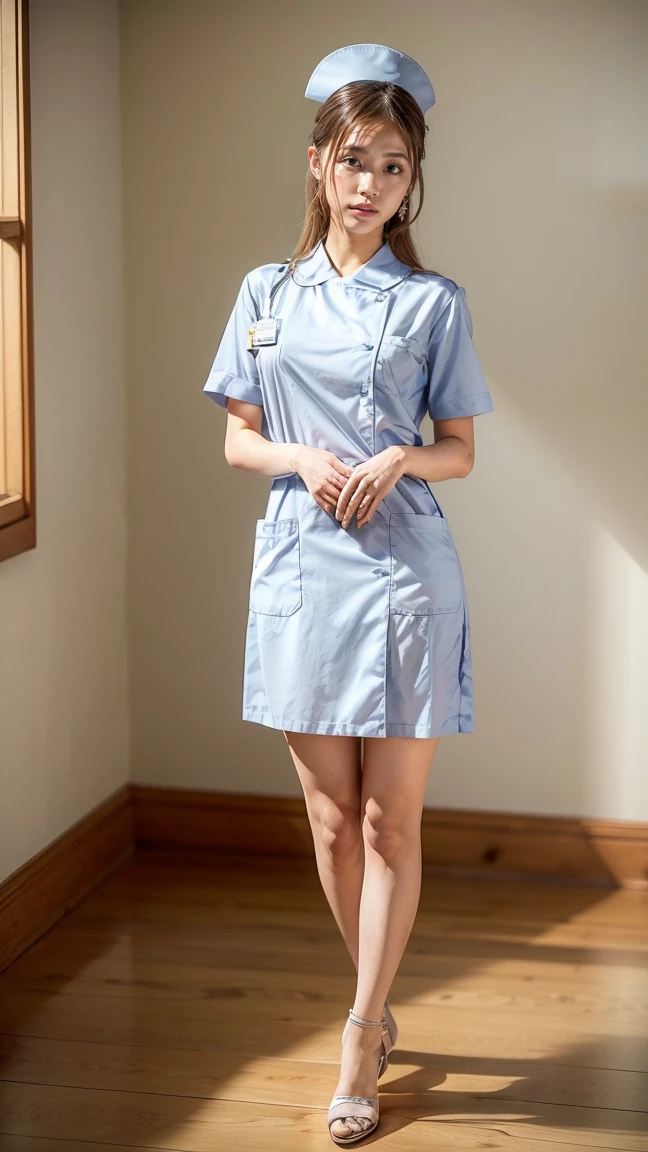 a beautiful young 24-year-old Japanese woman, beautiful, detailed anatomy, beautiful skin, random hair color and hairstyle, big breasts, nurse hat, (nurse uniform:1.3), nurse cap, (she is standing:1.2), full body shot, high heels, hospital, (best quality,8k, masterpiece:1.3), (extremely detailed:1.2), Kasumi Arimura