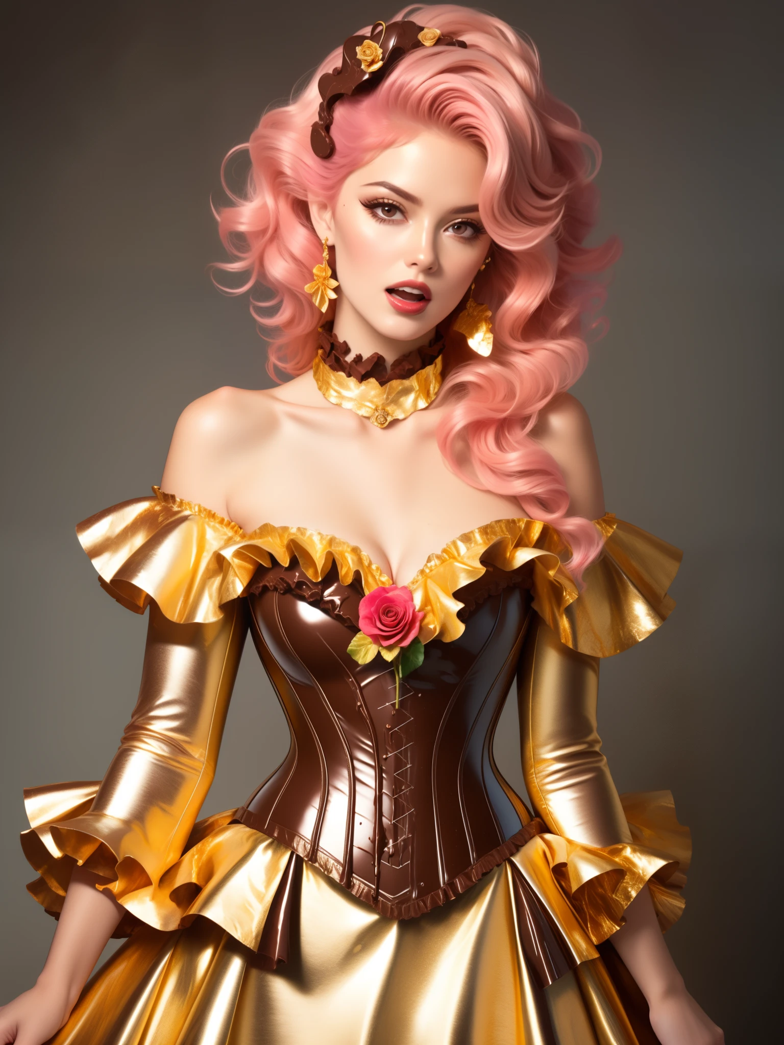 adult mature woman, beautiful, high quality, best quality,  highres icon, high detail, dr3ss, corset, dress, (crinkled gold foil:1.2) frills, ribbon, ((pink hair)) hair, delicious, ornate, ( choker), turtleneckdress, layered gown, rose, (chocolate pink shiny lips), hair flower, chest bow, large breasts, cleavage, breasts apart, (((melted chocolate theme))), Super detailed face,  super long eyelashes,  smokey eyes,   looking at the viewer ,  1 girl,  high resolution ,  masterpiece,  anatomically correct ,  best quality,  Multiple awards, Exactly,  super detailed , UHD,  textured skin ,  crystal earrings ,  big breasts,  Open mouth, 