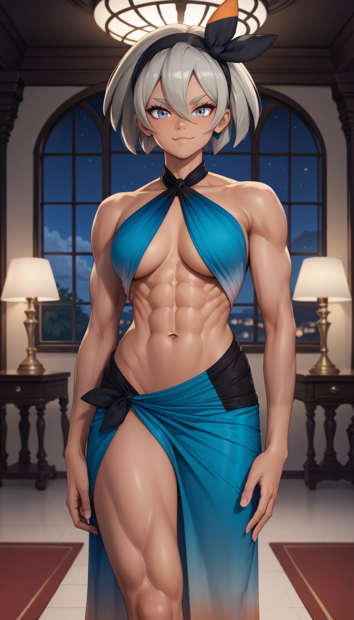 Solo, pokemonbea, blue eyes, dark skin, dark-skinned female, grey hair, hair between eyes, short hair, ribbon, hair ribbon, hairband, black ribbon, black hairband, (aqua dress), indoors, ballroom, standing, smug look, large breasts, sleeveless, collarbone, muscular, halter dress, exposed navels, exposed abs, underboob, ((night)), one thigh covered