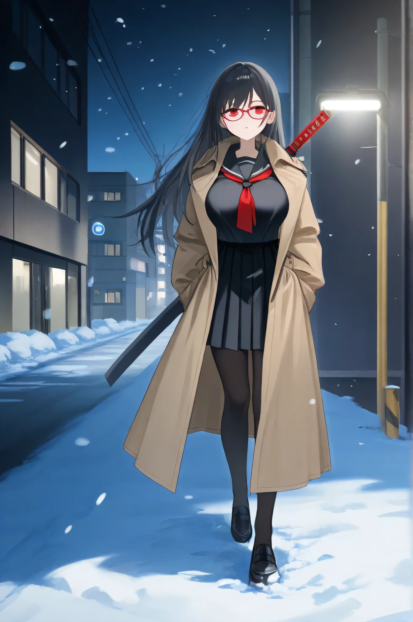  1 high school girl,  black hair,  long hair,  Red Glasses,  red eyes, Big Breasts,  black sailor suit ,  Trench Coat ,  Japanese sword on his back, Urban Department,  streetlight, Late Night,  snow is piled up,  snow falling , Walking on the left side of the screen , Full body portrait,