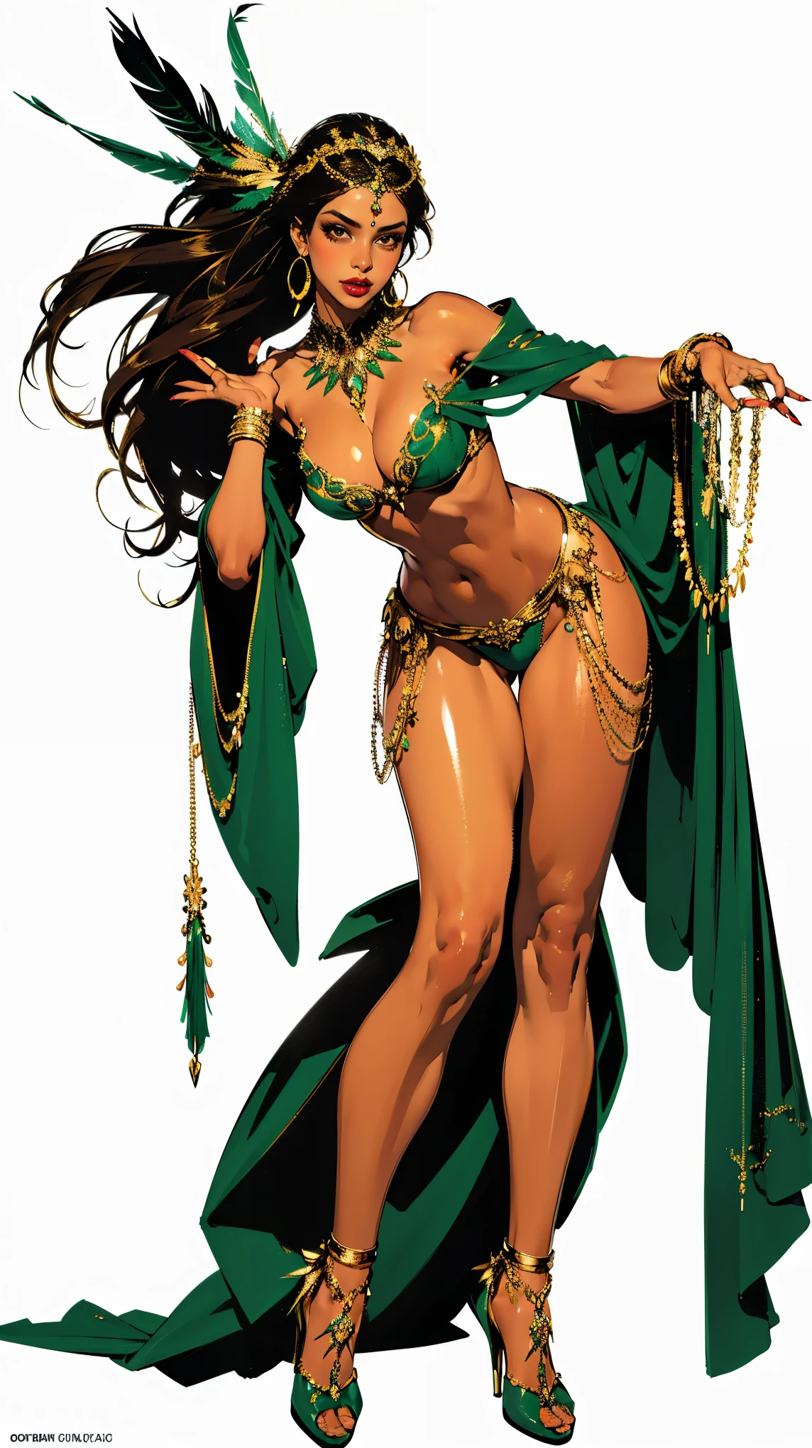 ((fondo verde 1:2, pieza maestra)), MILF de cuerpo completo BIMBO de pie con dos muslos largos y dos tacones altos, ojos rojos, cabello blanco plateado, cabello corto stilo bob, pechos grandes escote, mangas separadas, tiara real, capa larga hasta los dos pies, bikini amarillo, manos en la cintura, ombligo, cara de sonrisa lujuriosa y sonriente (rubor rojo), hombros de metal, brazales dorados sin mangas, gargantilla negra