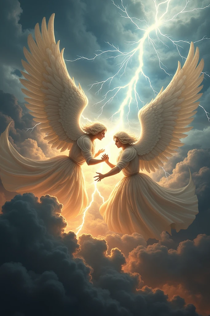 A two gods falling from the Stormy sky and reaching for each other to hug, the girl has grey eyes and white hair while wearing grey with black clothes, and the guy has blonde hair and blue eyes, face like an angel and wearing white toga and gold, he looks young and stunning. He doesn't have a beard he just have a CLEAN look.