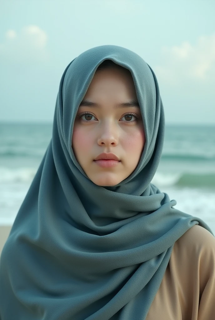 Create a cinematic film still of a Malay girl in hijab standing on a picturesque beach during sunset. Use a warm color palette and a medium telephoto lens to capture the serene beauty of the moment, style raw, pastel color grading, Super 8mm lense, Extreme close-up, Deep Focus cinematography effect,high quality,