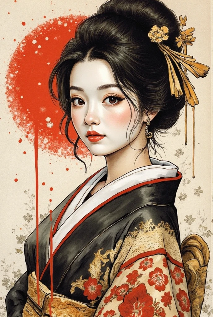 A dramatic portrait of an elegant woman inspired by Japanese aesthetics, featuring bold brushstrokes and an abstract, textured background. Her dark hair is styled in a loose, traditional updo with dynamic strands framing her face. The color palette emphasizes contrasts, with her porcelain-like complexion offset by vivid splashes of red and black. Subtle gold and beige tones add depth to her attire, reminiscent of a kimono. The expressive use of paint, with splatters and streaks, creates a sense of motion and intensity, blending realism with an abstract, modern art style