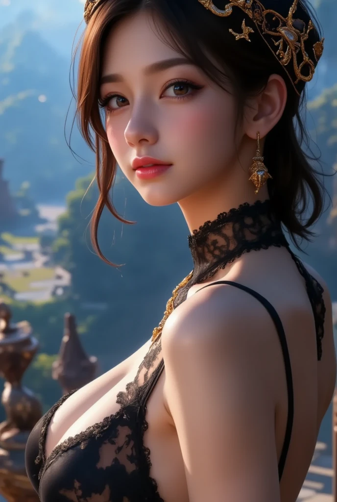 ((masterpiece, highest quality, Highest image quality, High resolution, photorealistic, Raw photo, Extremely detailed CG unified 8k wallpaper)), (huge stunning goddess shot, very hot and sexy, jaw-dropping beauty, perfect proportions, beautiful body, curvy body beauty:1.4), Dramatic Light, Volumetric Light, Realism, A young woman draws a fortune at a shrine, epic fantasy digital art style 