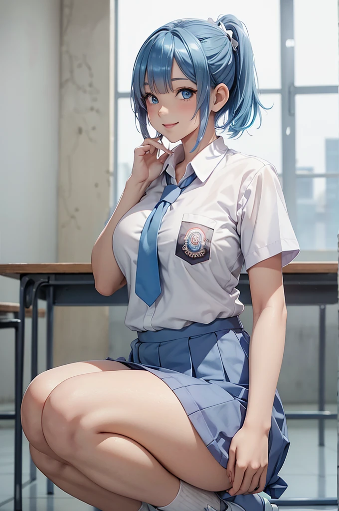 rem (re:zero), blue hair, hair over one eye, short hair, blue eyes, blonde ponytail, plump body, blue eyes, Indonesian high-school uniform, white shirt, osis logo on shirt pocket, natural big breasts, light-grey pleated skirt, squat pose, full body shot, smiling, in the classroom.