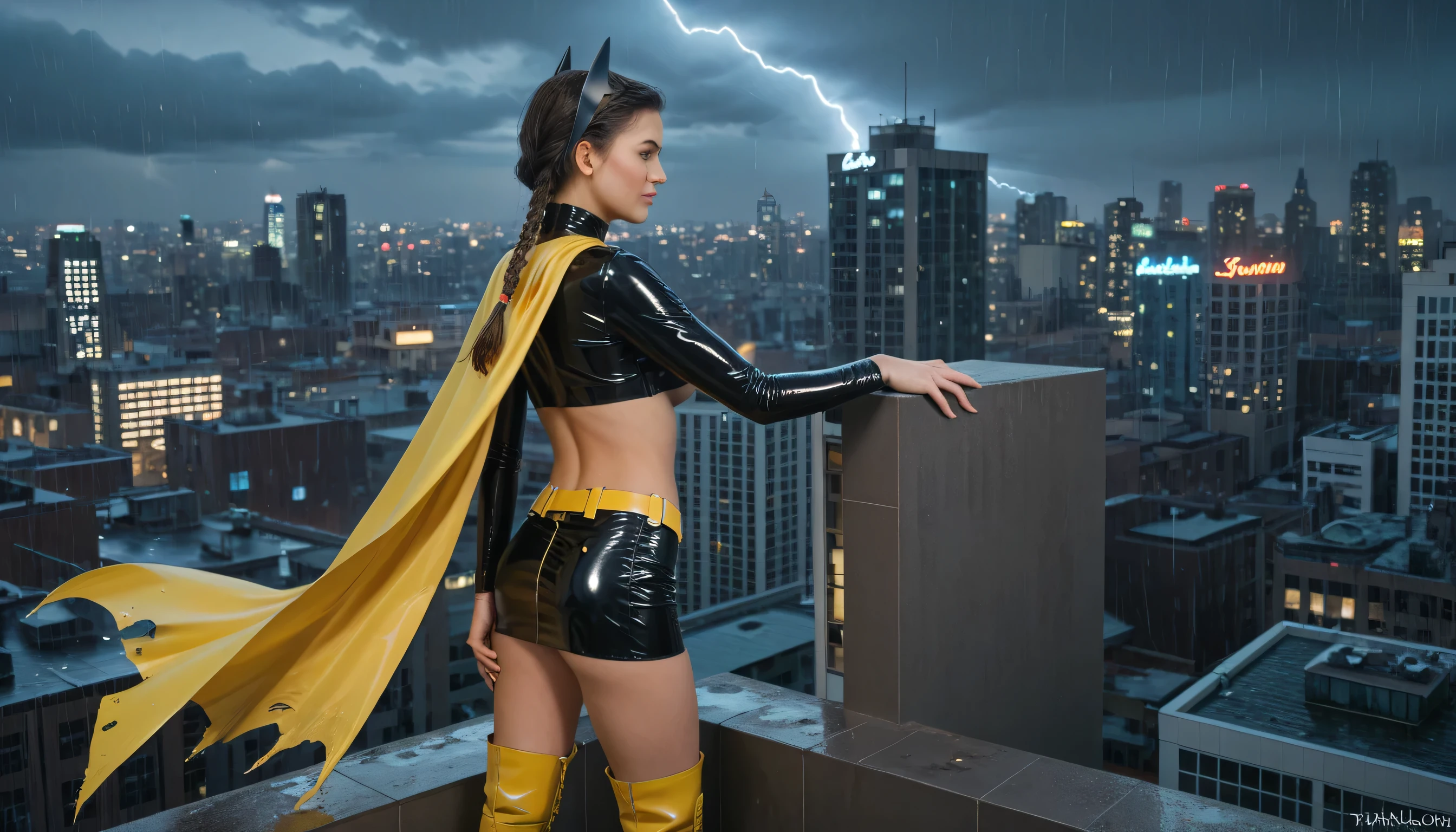 rear view of a a light-skinned black woman , She has long, intricately braided black hair styled into thin, uniform braids that fall gracefully over her shoulders. latex black crop top with yellow bat logo, black mini latex mini skirt, her hair is pulled, torn costume, torn black pantyhose, yellow knee-high boots, yellow-black cape, dark rainy night, Batgirl standing looking down to city on the roof of a Gotham skyscraper at night,, her cape flowing dramatically. She has sharp, defined features, The city skyline is illuminated with lightning in the background.