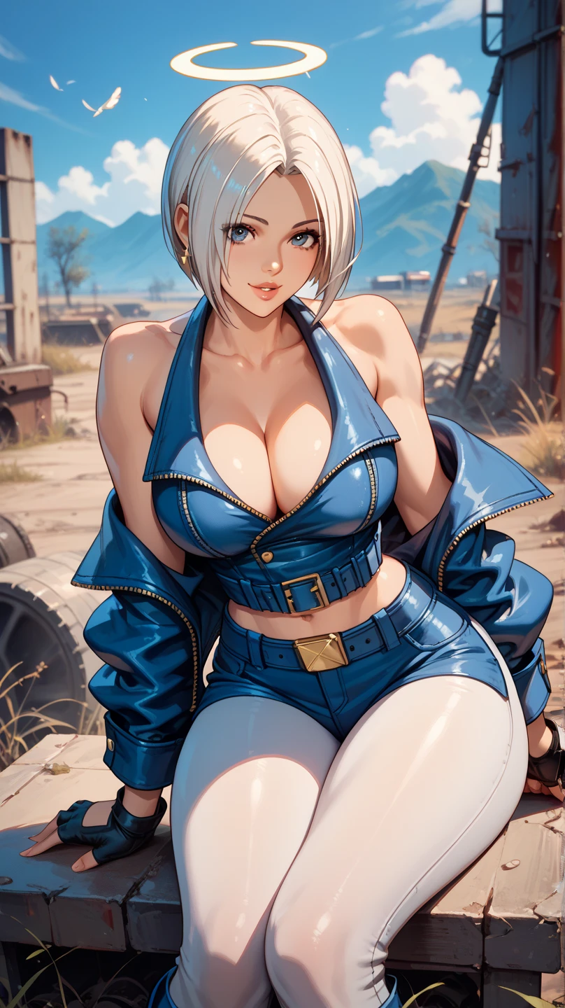 Sexy Angel , by The King of Fighters ,  In a wasteland,   big breasts, sitting, pose sexy, 