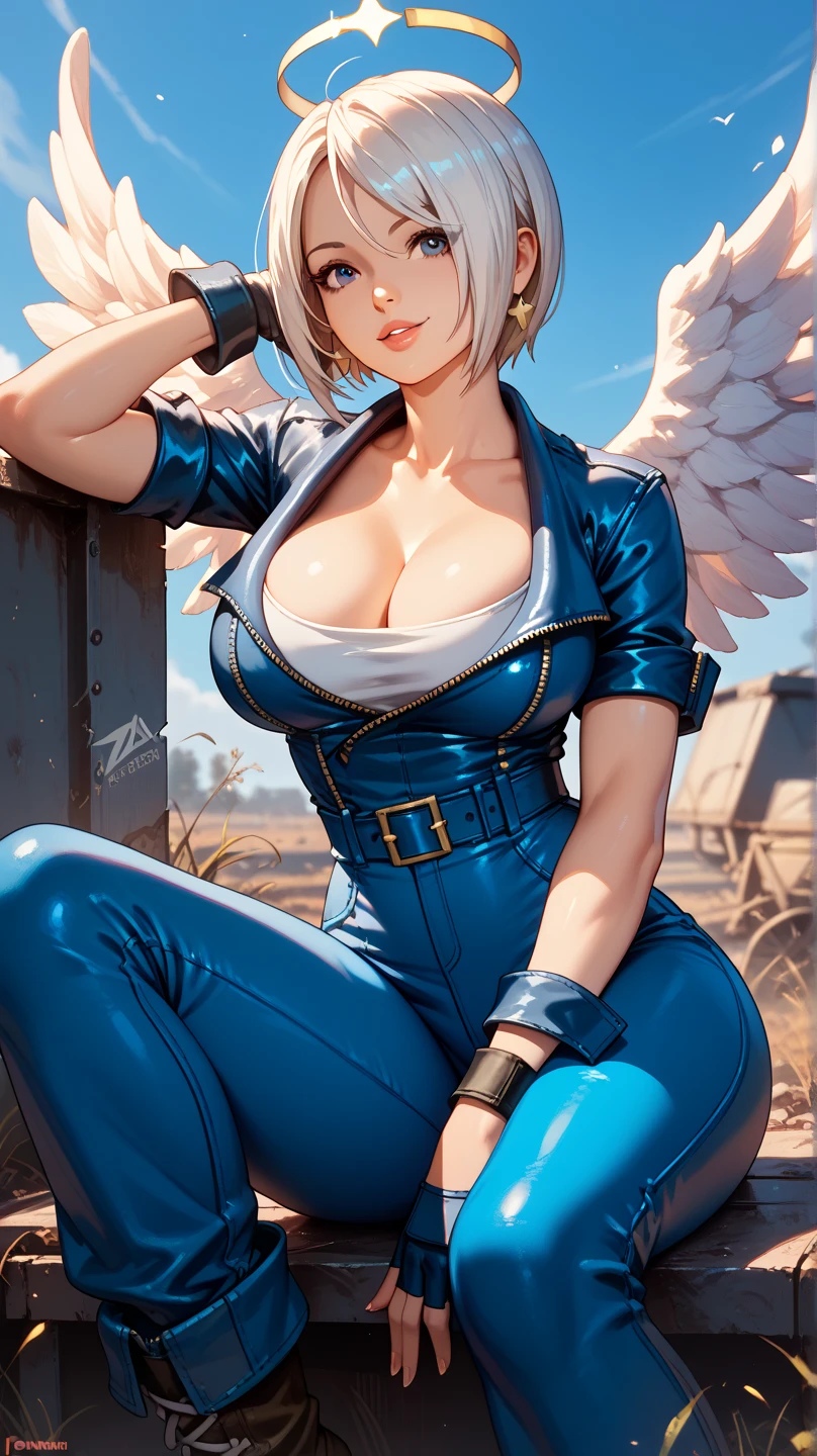 Sexy Angel , by The King of Fighters ,  In a wasteland,   big breasts, sitting, pose sexy, 