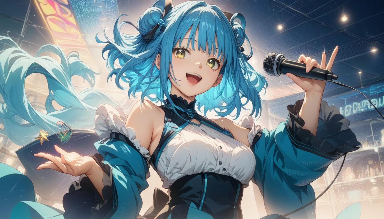 (masterpiece:1.3), (best quality:1.3), high resolution,
dutch angle, couboy shot,
leaning forward, body facing forward, have a microphone,
(one cute girl:1.3), solo,
white skin, small Breast, eight-headed person,
light blue hair, (bobbed hair:1.2), (short hair:1.2), (blunt bangs:1.2), beautiful hair, blue eyes, beautiful detailed eyes,
open mouth, heart, cheerful smile, one eye closed,
Idol costumes, frill, detached sleeves, earrings,
indoors, stage,
shadowlighting,