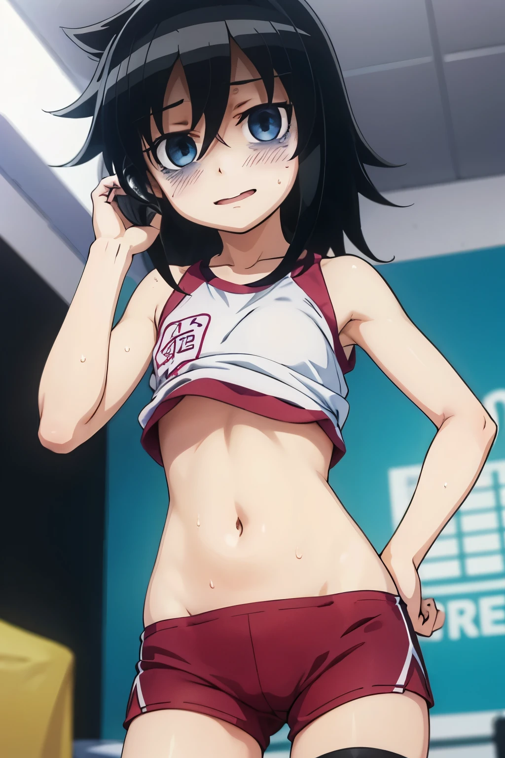 Anime style, 1 girl ,tomoko kuroki , young girl , loli  body ,solo ,black hair ,embarrassed face , blush , smile , eyes  ,blush  , sweat , flat chest ,  tube top ,underboobs  , mirco bike shorts ,  gym , sexy . 