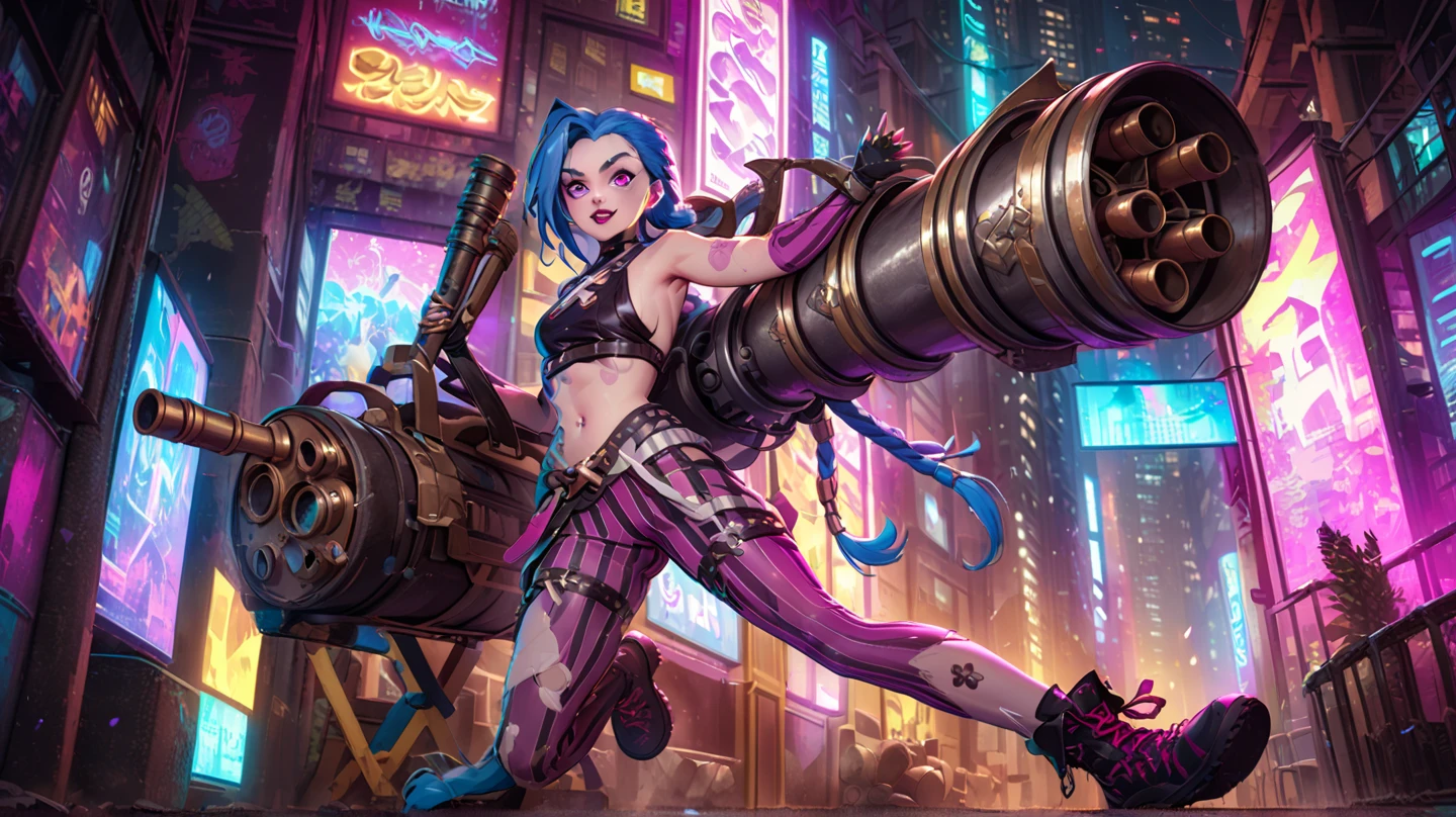 a mischievous girl with blue hair, detailed eyes, full lips, septum piercing, ripped stockings, holding a large rocket launcher, dynamic pose, colorful cyberpunk city background, neon lights, highly detailed, digital art, vibrant color palette, cinematic lighting