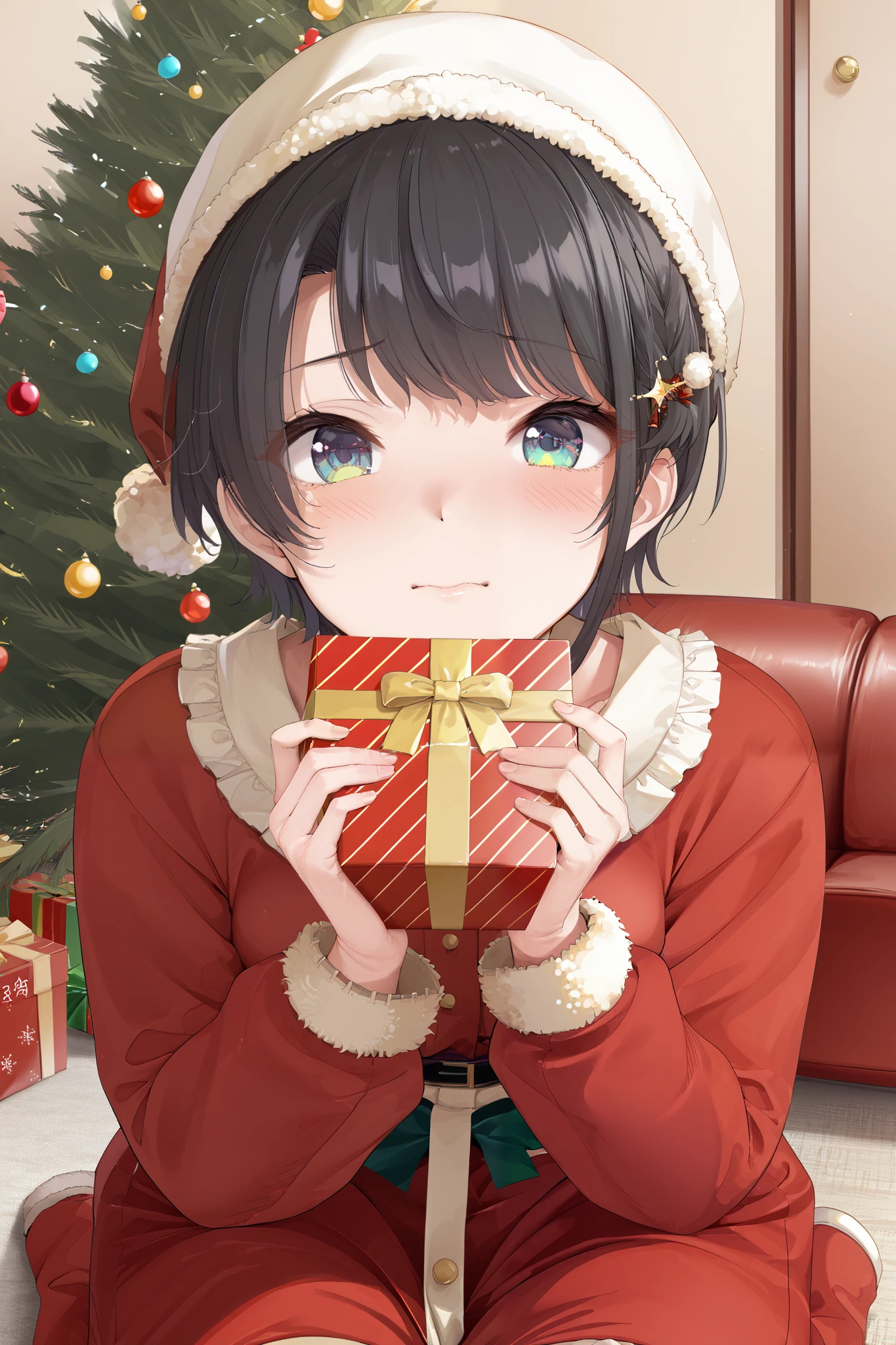  sexy poses、( Christmas tree in the living room with a Christmassy background)、(2.5D anime character )、(２Dimensional animation quality)、( Japanese anime-like image quality)、 Sexy Yandere and Neat Beauty in Santa Outfit 、Is there a beautiful woman with black short hair in the Christmas gift box、グラビア撮影ぽく横になり sexy poses、 beautiful, moisturized, and beautiful eyes 、Clean and glossy skin 、Beautiful and clean hands、(8k、4K、 top quality 、 high res：1.2）、 noise reduction as original image、erotic slightly shy troubled face 、 miniskirt、