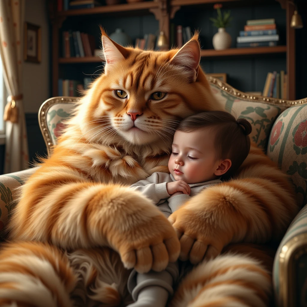 A big majestic wise puffy Alpha Male ginger Mainecoon Cat, cuddled by it's adorable toddler girl owner