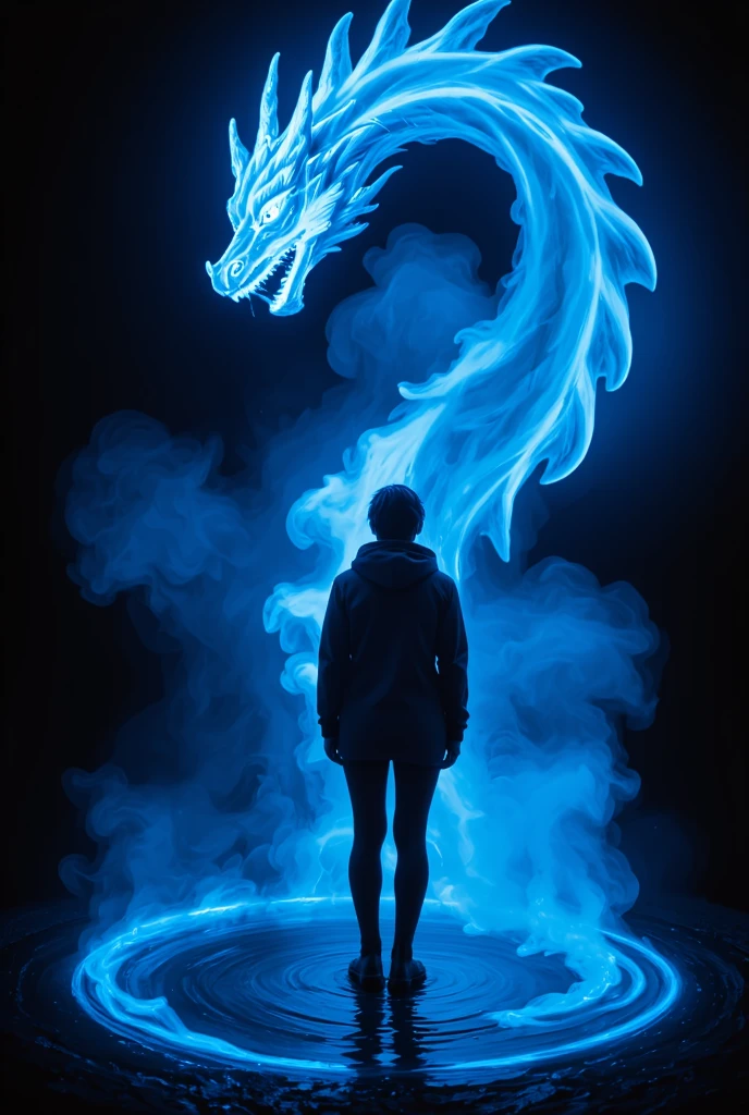 Photography by Olivia Locher, scene photography by David Burdeny, blue smoke constitutes an abstract dragon shape arranged by Nick Veasey, abstract, the ground is the reflection of water, circular light painting, whole body, 50mm, fashion magazine, cool tone, top light, strong light --ar3:4 --style raw