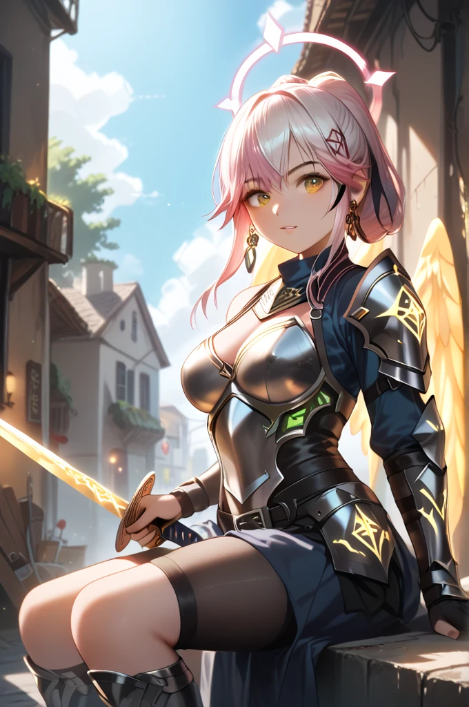   one woman 　knight　 multi-colored hair 　 black hair　 blondes　  Silver Hair　  pink hair　  green hair sitting on the alley steps 　  golden eyes　 Magic Eye　Wings of Heaven and Earth  　halo　Glowing armor framed in neon colors　7 colors of armor 　Shining green holy sword 　Sword in front　   Friendly Smiles  　 Check this out　Very vivid image　 Long Hit 　 Spectator seats　  anatomically correct  　 high res,  top quality , 