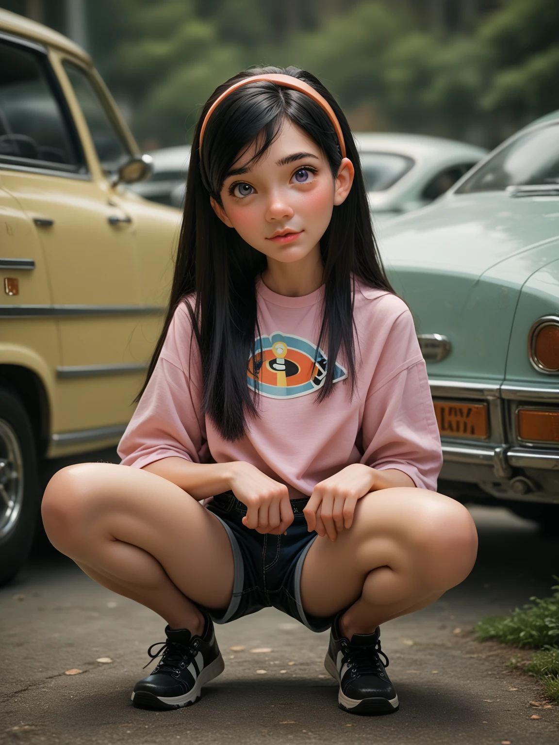 ((Highest quality)) vio_p, 1girl, in ypga shorts, detailed skin, full body, pink lips, bluish-purple eyes, long straight hair, black hair, headband,looking at viewer, squatting, front view, spreading legs, score_9, score_8_up, score_7_up,