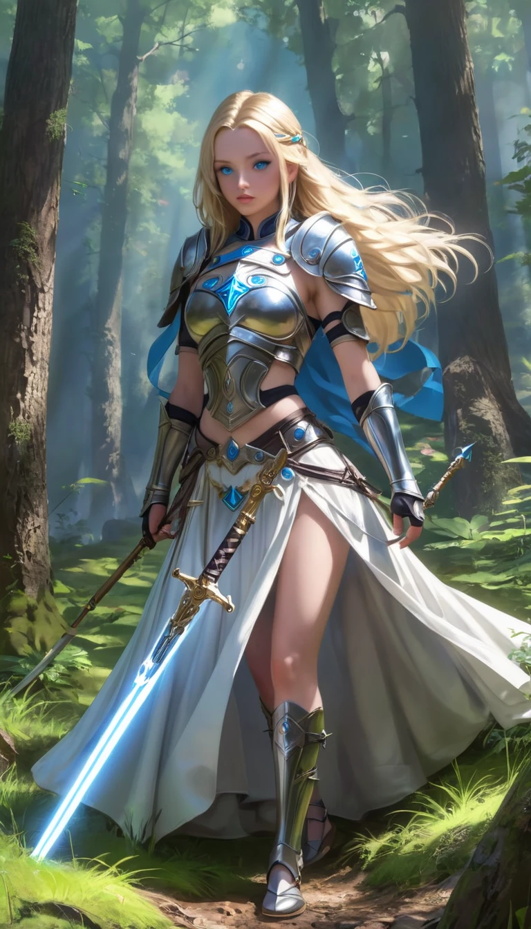 masterpiece,  top quality , ( One girl , Alone),
Soulin,  One girl , Alone, Blonde, arms, armor, cross,  blue eyes, with{{more}}d dress, midriff, belly button,  gauntlet with fan, Nuns, habit, sword, 長柄arms,  shield ,  long hair
(  outdoor, forest, upper body,  dynamic pose ,  viewers, )
