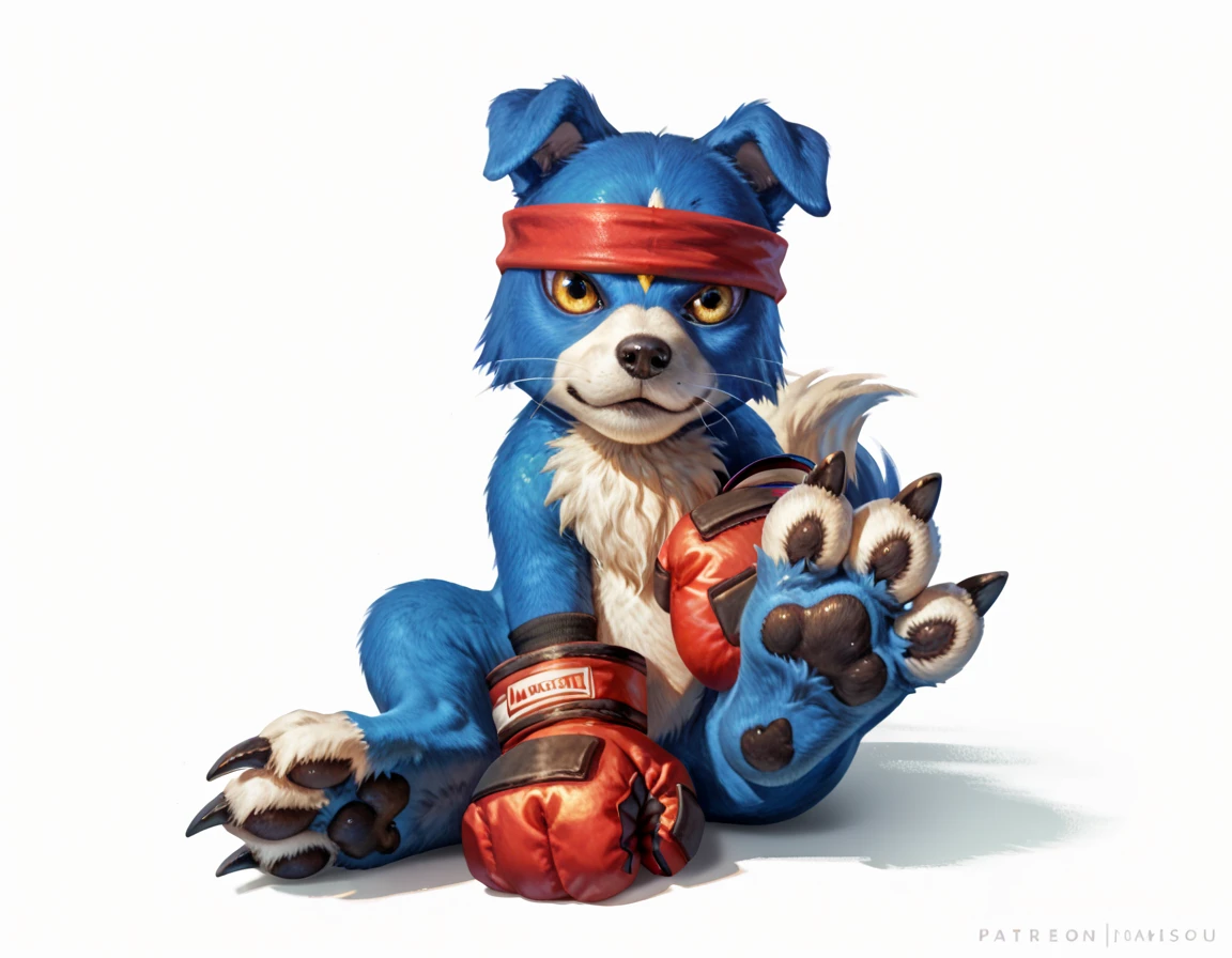 gaomon (character), digimon (creature), dog boy, blue body, headband, yellow eyes, boxing gloves, white background, detailed, full body, sitting on floor, legs spread, paws, raised foot