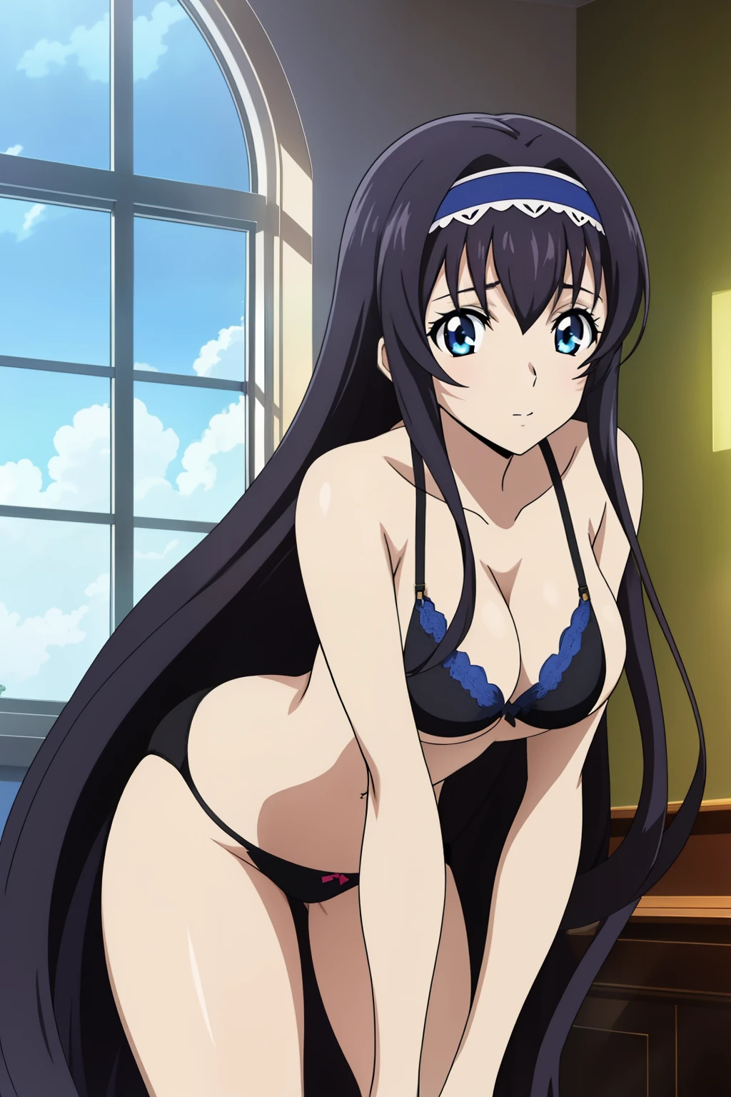 looking back, 1 girl, cute, black long hair, (hair band), masterpiece, black_panties, black bras, at her room, large window, leaning forward, blue sky, Beautiful Finger, Beautiful long legs, Beautiful body, Beautiful hip, Beautiful character design, beautiful blue eyes, perfect face, (light_smile:0.5), official art, extremely detailed CG unity 8k, perfect lighting, Colorful, Bright_Front_face_Lighting, shiny skin, (anime cels style, Masterpiece, best quality, high resolution, anime colored, anime poster style, anime key visual, sharp, 8k), beautiful blue eyes, 