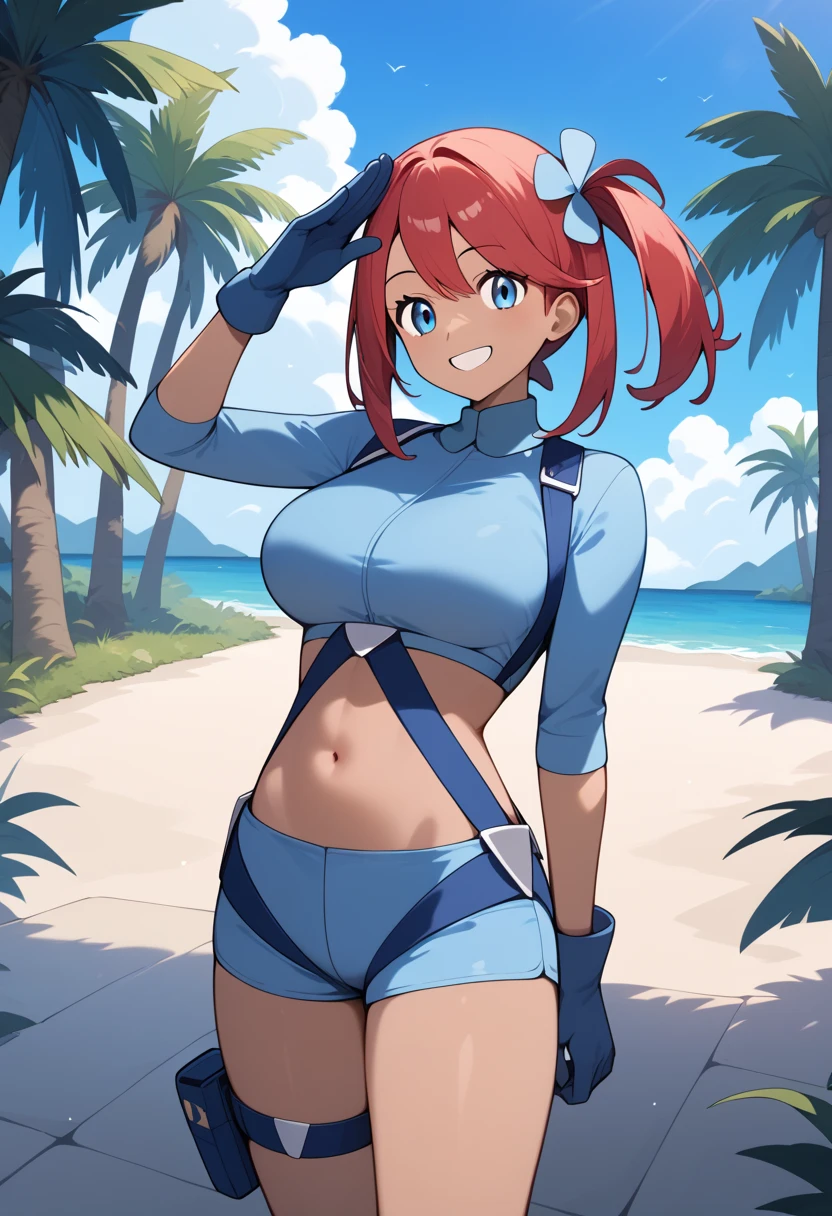 score_9, score_8_ up, score_7_ up, score_6_ up, score_5_ up, score_4_ up,  Source_Anime, , Red Hair, one side  up,  hair accessories, side lock,  dark skinned woman,  blue eyes,  Big Breasts , Harness,  crop top,  blue shirt ,  Long Sleeve , blue gloves, midriff,  short shorts,  blue shorts, knee brace ,  thigh pouch to hide one ear,  standing,  cowboy shot, Outdoor, salute, smile,　Functional、