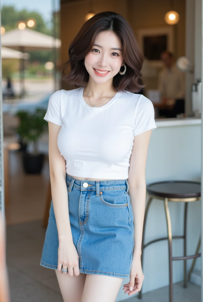 . The image is a digital graphic of a Thai woman. ,White skin and brown hair ,  Short Hair,Looking with a neutral face color . Smiling, seeing white teeth,, facial features including black eyes and a slight smile.. The background is a cafe, focusing attention on her face,, wearing a cropped T-shirt, round neck, short sleeves, white , Short Pencil Blue Denim Skirt, wearing white sneakers ,Random Pose ,Standing posture,