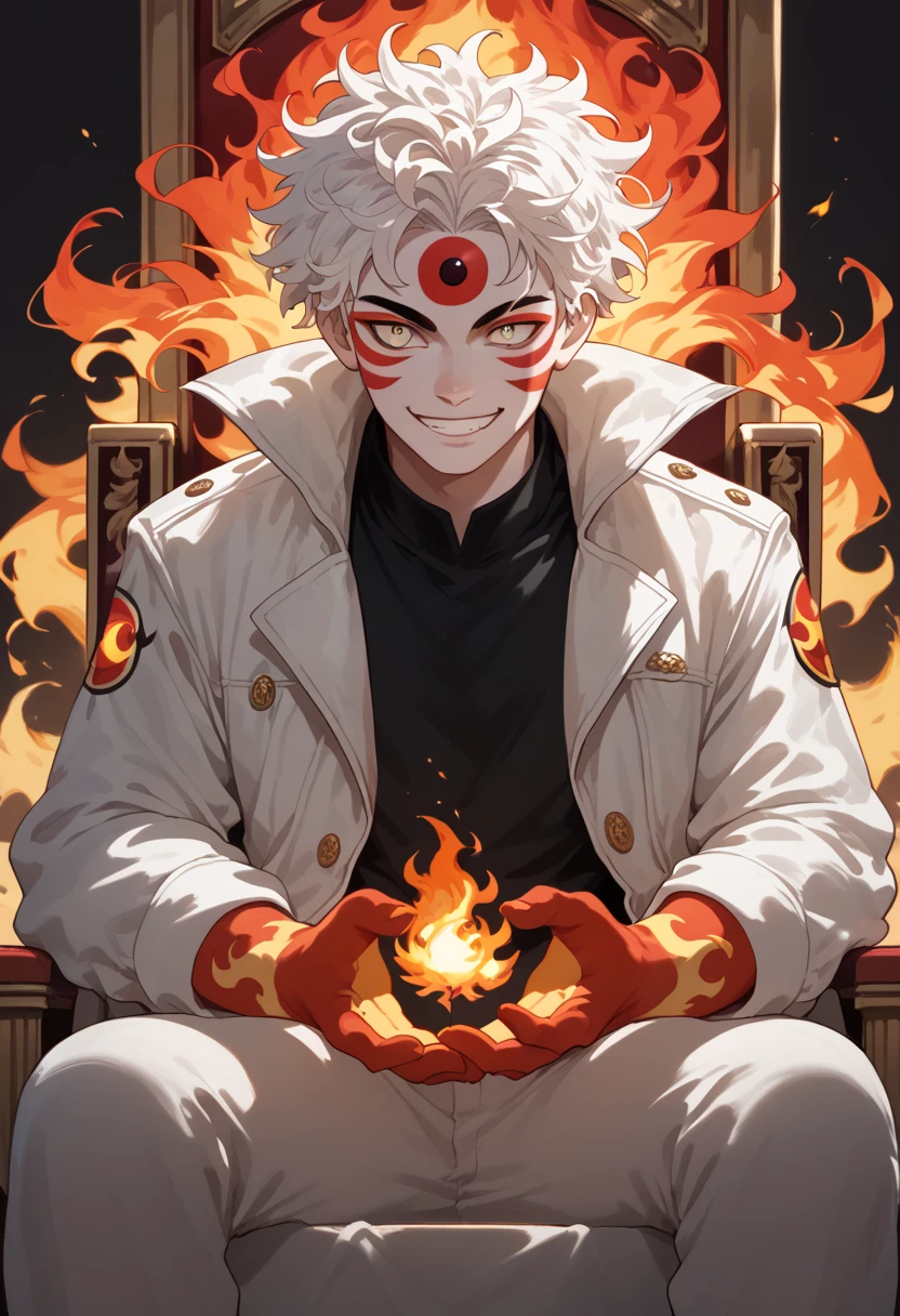 man, fiery hair, white skin, red face paint, anime style, fire powers, yellow eyes, white hair, feline-style third eye on forehead, fire in hands, smile, messy hair, light white jacket, black top underneath, sitting on a throne