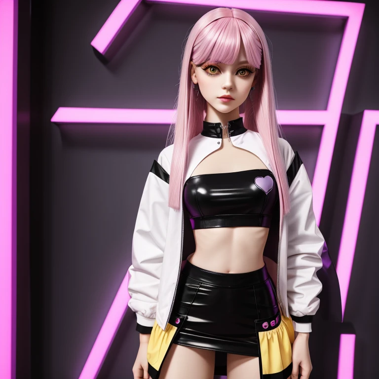  pink hair,White mesh,  long bob hair ,Long eyeliner ,  purple eyes,  doll face ,  shirt , black and yellow jacket, micro mini skirt , smirking , model body type, eight-headed body,