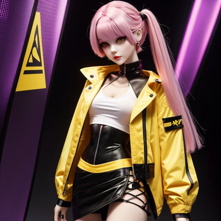  pink hair,White mesh,  long bob hair ,Long eyeliner ,  purple eyes,  doll face ,  shirt , black and yellow jacket, micro mini skirt , smirking , model body type, eight-headed body,