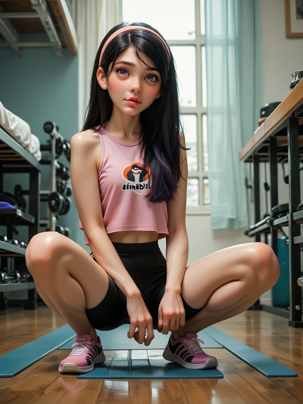 ((Highest quality)) vio_p, 1girl, in yoga shorts, detailed skin, full body, pink lips, bluish-purple eyes, long straight hair, black hair, headband,looking at viewer, squatting, front view, spreading legs, score_9, score_8_up, score_7_up,