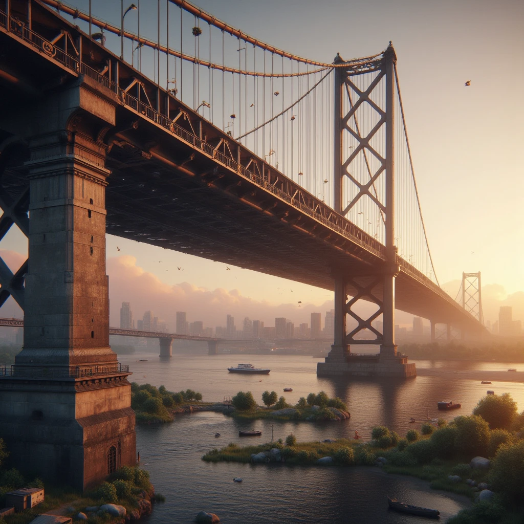 A cinematic, realistic bridge scene at sunset, with dramatic lighting and shadows. The bridge is large and detailed, with metal beams and cables, spanning over a calm river. The sky features a blend of orange, purple, and pink hues, reflecting on the water. The perspective emphasizes the scale of the bridge, with subtle fog in the distance adding depth. Realistic textures and soft natural lighting enhance the scene's immersive atmosphere.