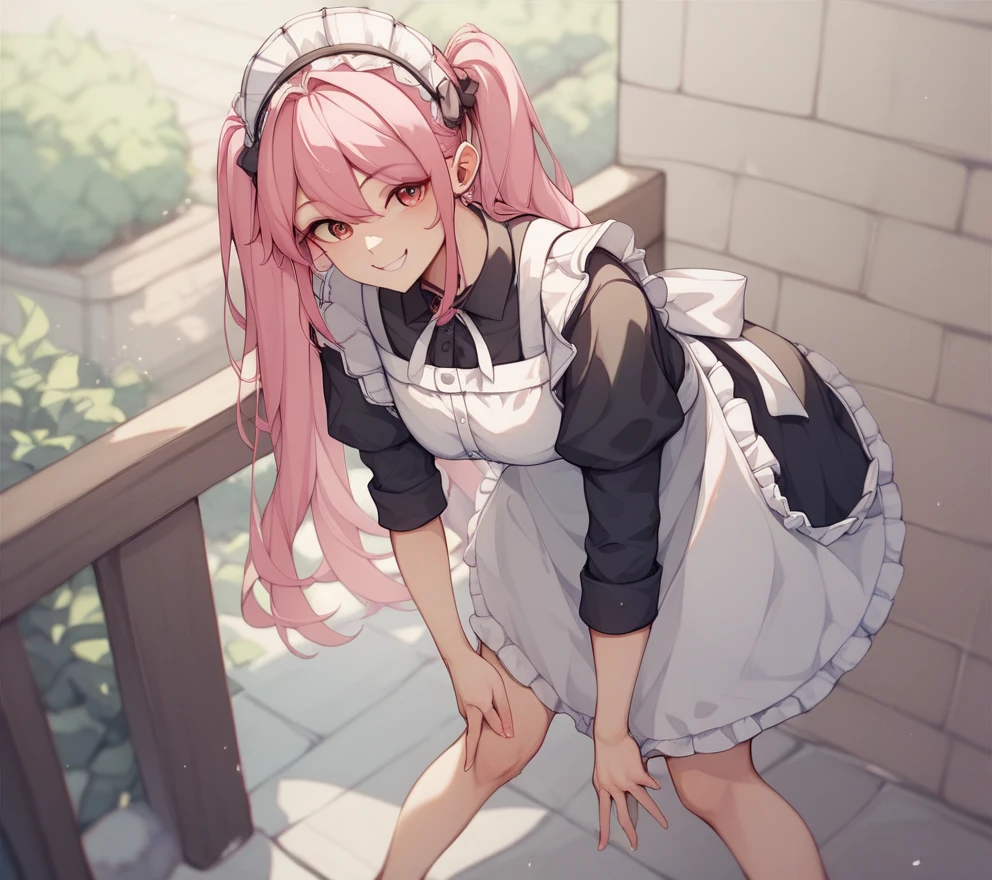 score_9, score_8_up, score_7_up, score_6_up, score_5_up, score_4_up, source_anime, 1girl, worth, pink hair, long hair, white eyes, A thoughtful face, w-w-chain, shackles, chained hands, messy hair, Maid Costume, black thigh boots, dungeon, best quality, best res, 4K UHD,