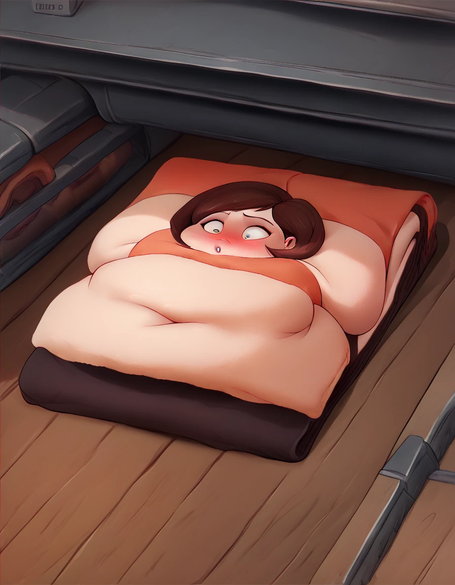 Helen parr , wide big hips, legwear, obese, shocked, blush
, on back, paper thin,flattened girl, flattened, on floor, lying on floor, roll press, factory, rollers,(towel body:1.3),