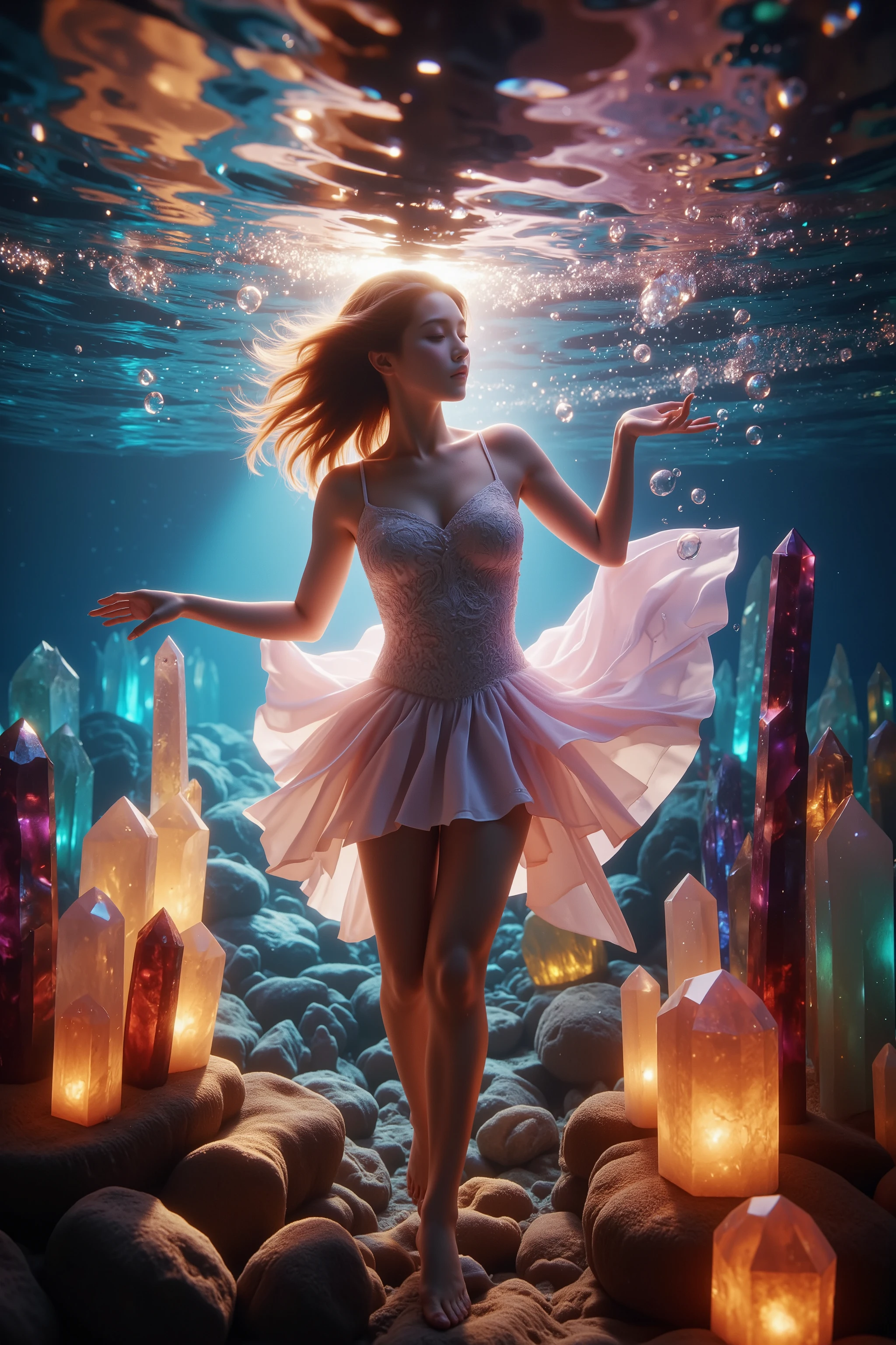 A beautiful young woman in a quartz crystal garden. Hundreds of translucent colorful quartz crystals grow between 4 and 5 feet tall all different colors glowing snd translucent and there is a young woman amongst them. She hangs out in the ocean in the shallows where the sunlight penetrates the water and illuminates the woman and the crystals glow. There are diamonds and other gemstones and minerals. The woman blows air bubbles to the surface, but doesn't need fresh oxygen. photorealistic, cinematic photography, cinematic lighting, cinematic portrait, portrait photography, realistic, realism, ultra detailed, UHDR, full focus, highest quality, hyperrealistic,3D Rendering, 8K Octane, Cinematic, Cinematography, Digital Art, Photorealistic, Pixel Art, Pixel Assets, Depth Of Field, Best Quality, Award Winning, Masterpiece