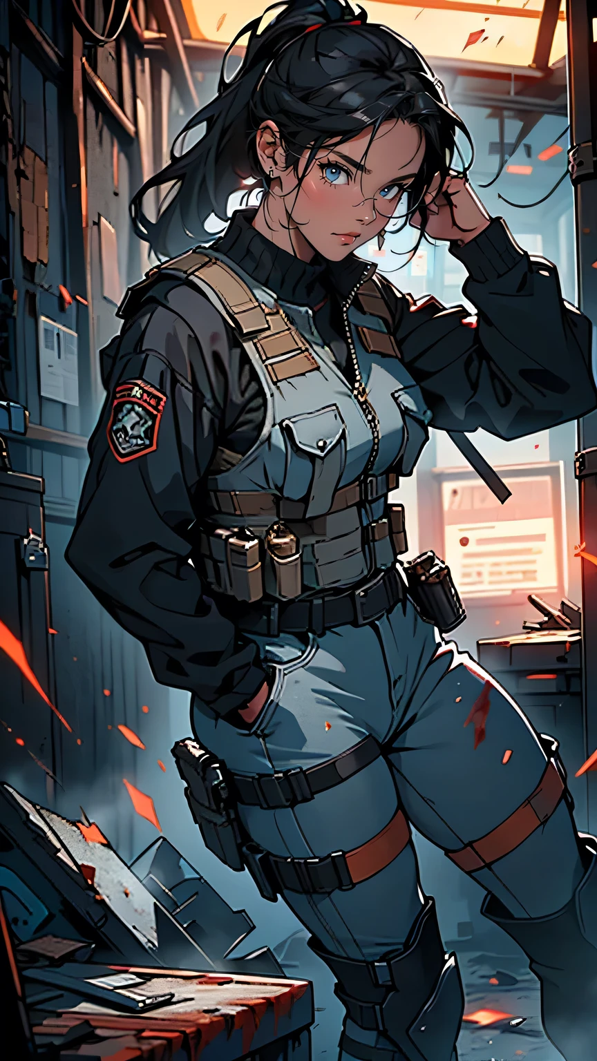 “A tough and athletic woman in her late 30s, dressed in tactical gear with a bulletproof vest and combat boots. Her dark hair is tied back in a tight ponytail, and her eyes show a cold, calculating intensity. She carries a large rifle slung over her shoulder and a knife strapped to her thigh. Her posture is confident and ready for action, with dirt and blood smudged across her face and gear. The backdrop is a ruined research facility, with sparks flying from broken wires and debris scattered around her. She exudes leadership and a no-nonsense attitude.”