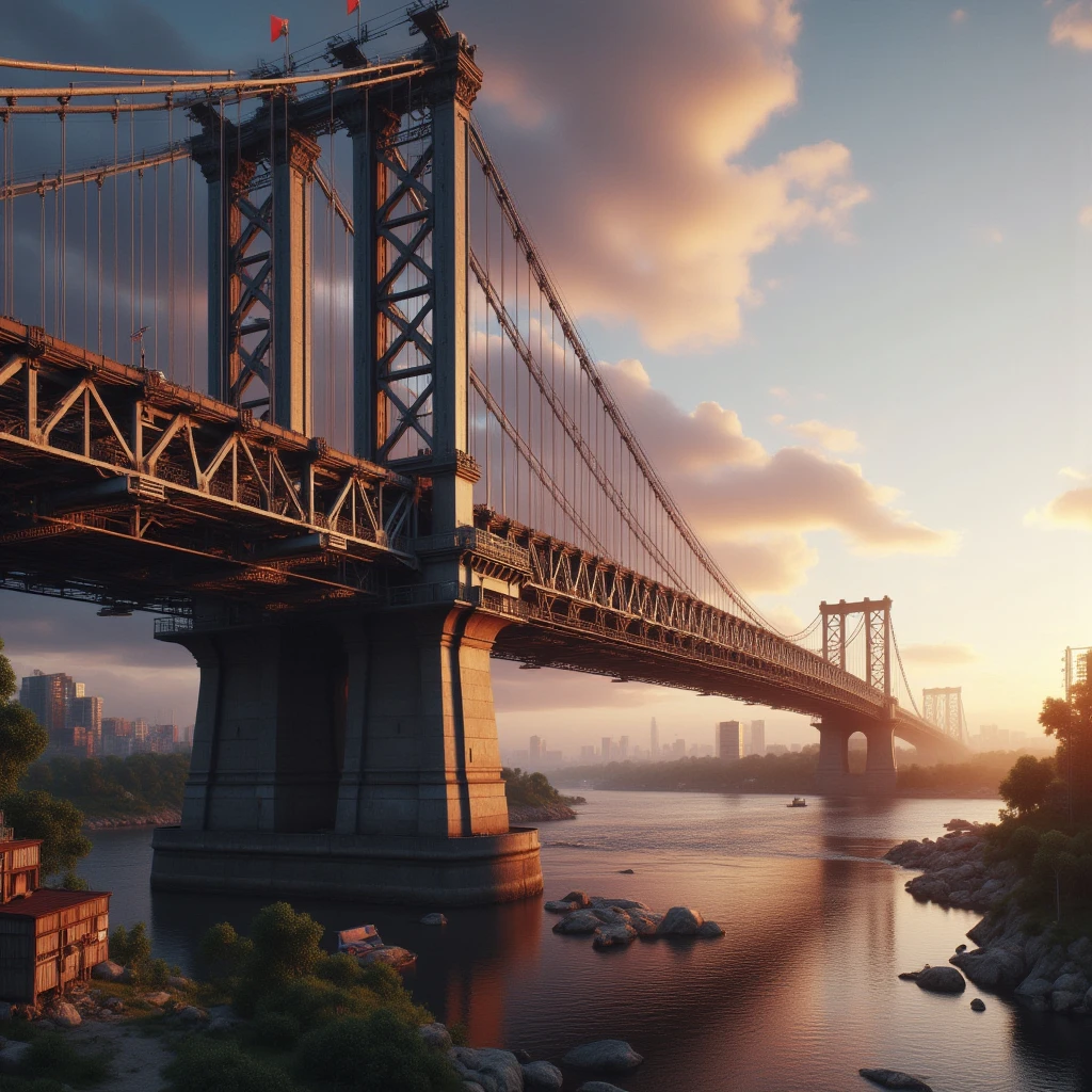 A cinematic, realistic bridge scene at sunset, with dramatic lighting and shadows. The bridge is large and detailed, with metal beams and cables, spanning over a calm river. The sky features a blend of orange, purple, and pink hues, reflecting on the water. The perspective emphasizes the scale of the bridge, with subtle fog in the distance adding depth. Realistic textures and soft natural lighting enhance the scene's immersive atmosphere.