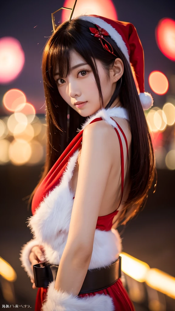  1 Woman , is in high definition, high res, super real ,8k,Amagasaki, (  antenna hair :1.2), in the middle of the night、 illuminations on New Year's 、 Santa Claus cosplay, sexy, upper body close-ups , taken from the front 