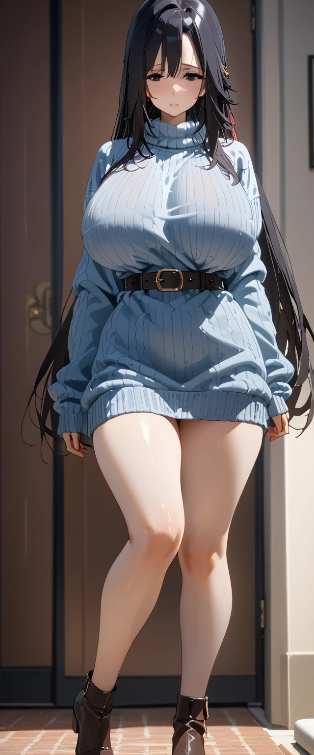 ( Masterpiece、 top quality 、 detailed、4K)、 one woman、18 years old、(((gamma)))、 black hair、 long hair、 Super Big Breasts 、 long sweater 、belt、 standing、front、 beautiful thighs、