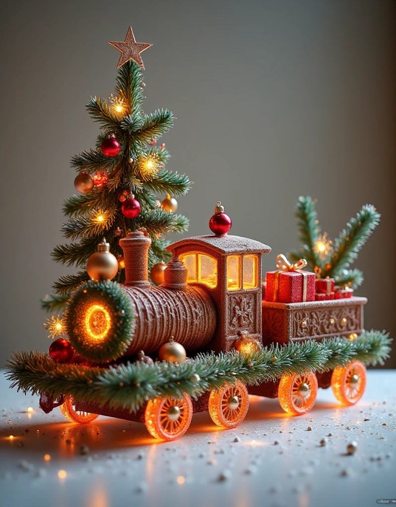 A festive train entirely constructed from Christmas tree branches, pine boughs, ornaments, and garlands. The train's engine features a wreath on the front, glowing holiday lights outlining its structure, and ornaments acting as wheels. The train cars are crafted from tightly woven pine branches, with garlands draped elegantly along the sides and small presents loaded inside. The train is displayed against a plain neutral background to emphasize the intricate festive details of its construction.